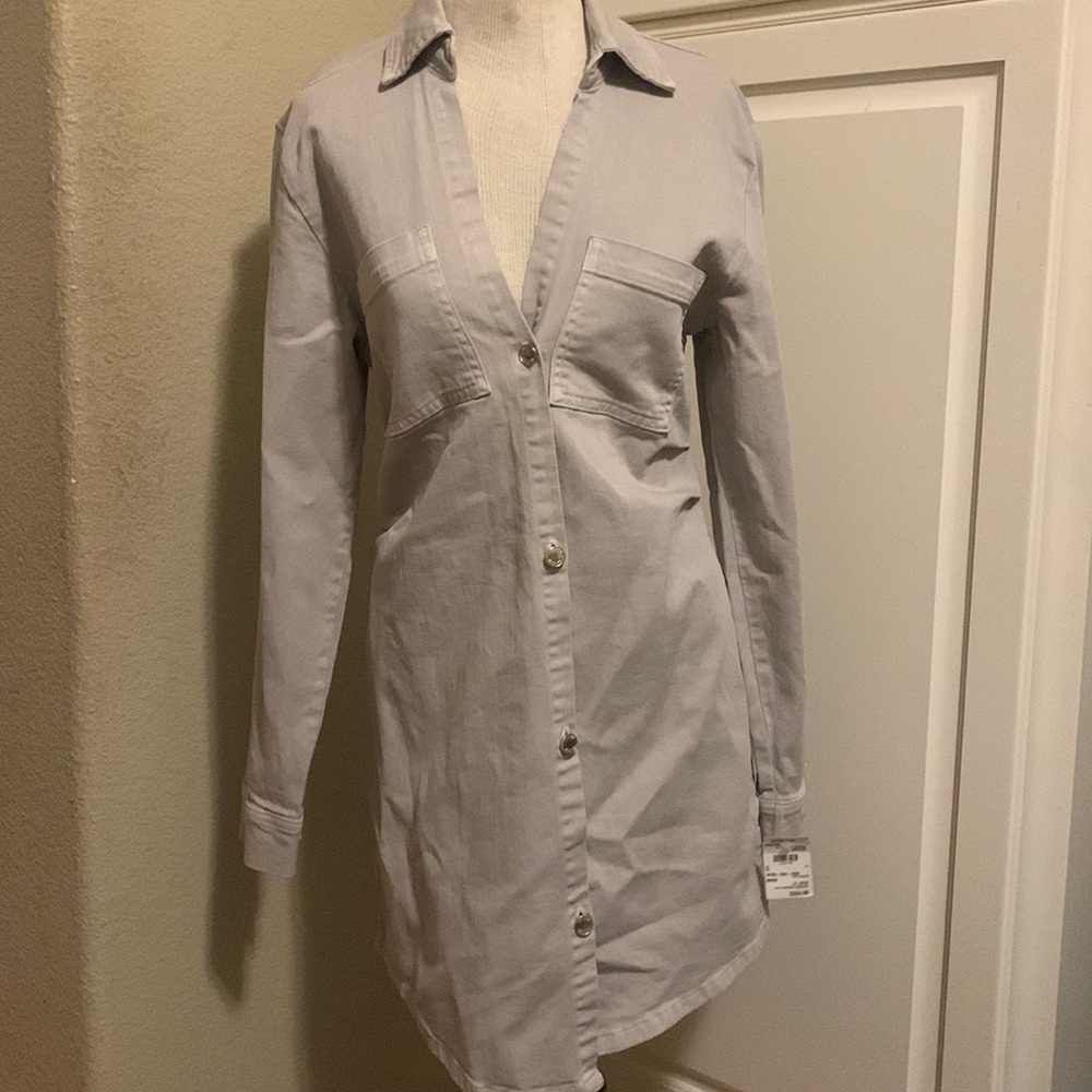 LE JEAN Gray Jean Silver Button Long Sleeve Stretch Fabric S Small